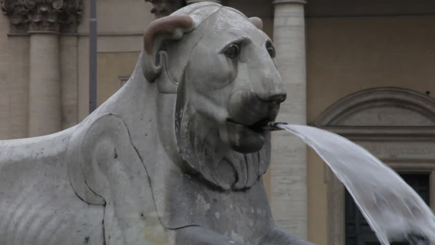 Close-up of the fountain of a lion near Piazza del Popolo