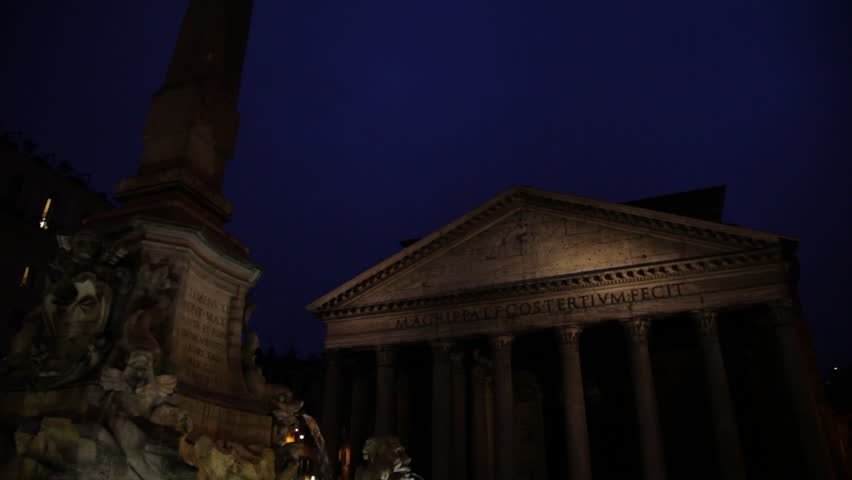 Pantheon and Pantheon Fountain with a blue night sky