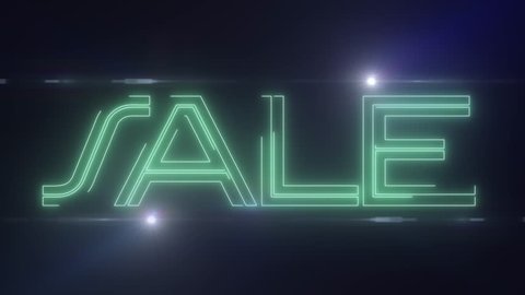 green lazer neon SALE text with shiny light optical flares animation on black background - new quality retro vintage disco dance motion joyful addvertisement commercial video footage loop design