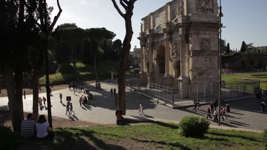 Angled footage of Arch of Constantine