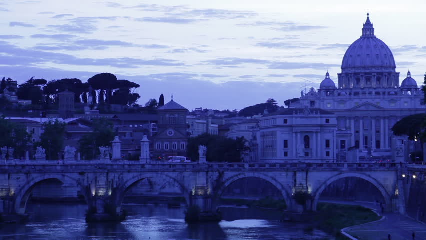 Shot of San Pietro and the bridge in front of it at dusk