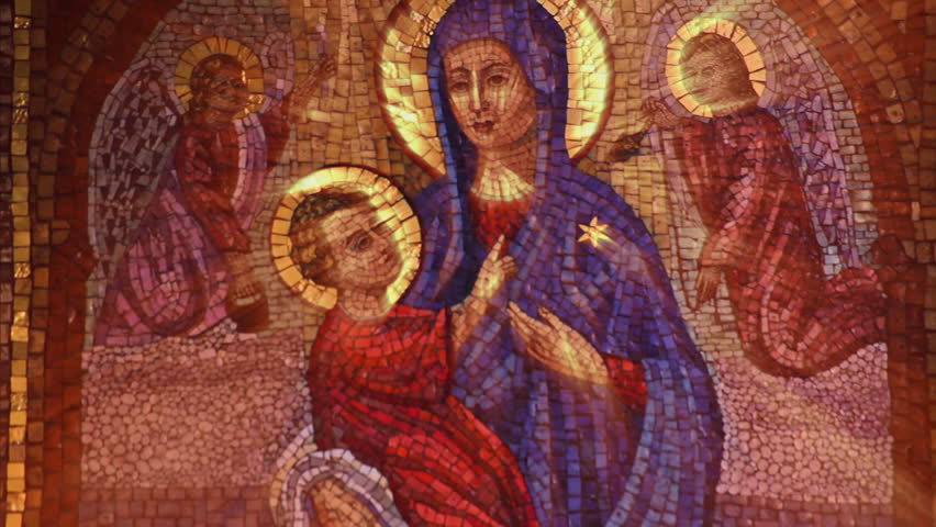 Close up of mosaic depicting Christ child with Virgin Mary