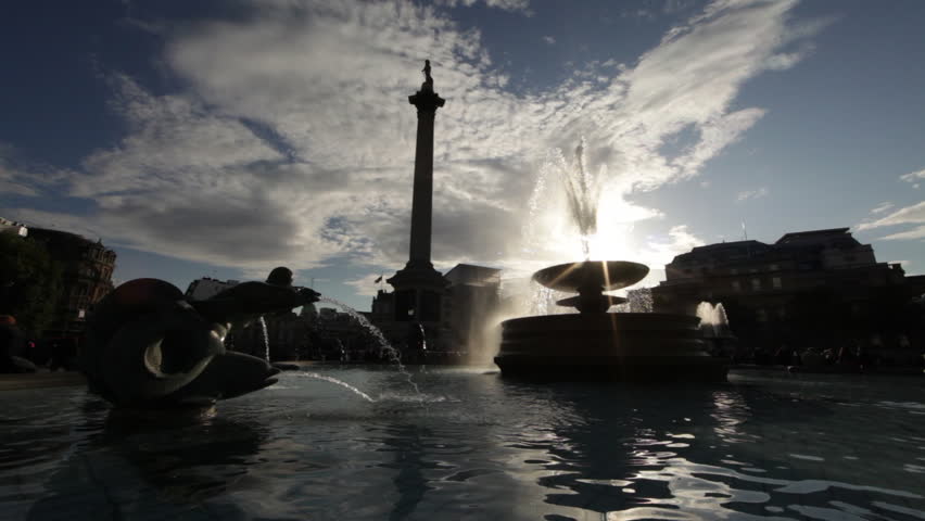 Nelson's monument and Trafalgar Square fountain with amazing light
