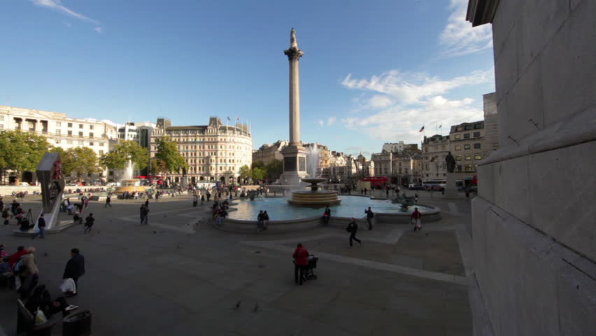 A panoramic shot of Trafalgar Square in London. Lord Nelson's monument, the