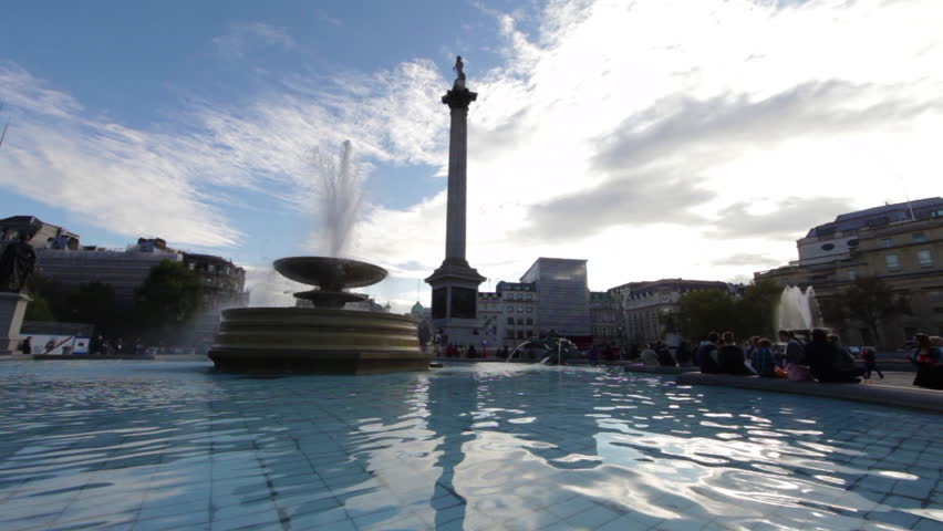 Stationary view of Lord Nelson's monument on Trafalgar Square in London. There
