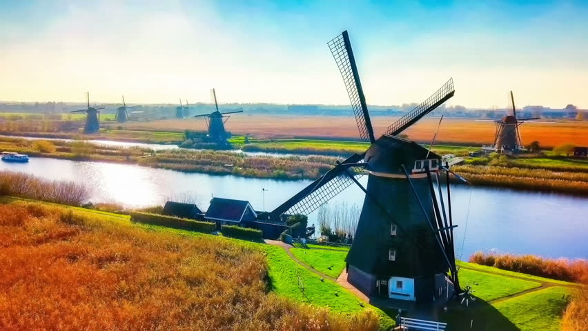 Traditional dutch windmills at sunny fall day, Netherlands. Full HD, 1080p Royalty-Free Stock Footage #33837706