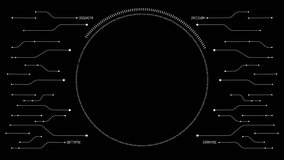 PNG alpha.HUD interface.Motherboard scheme electrons impulse animation.Circle target.Futuristic technology template. Add text and combine with your video. Type 1