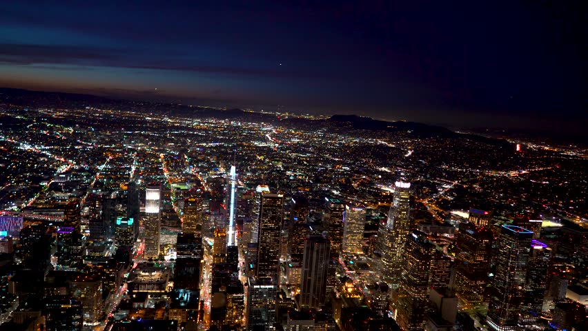 Aerial view of a Downtown Los Angeles just after sunset in 4k | Shutterstock HD Video #33843232