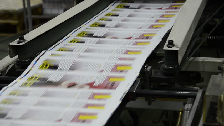 print plant factory, magazine line collecting after passing the press rollers