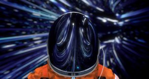 Flying Astronaut Inside Of Colorful Black Hole In Empty Space. Technology Related 3D Abstract Background.