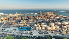 Panoramic view of large cargo port in Barcelona. Cranes and containers. Time lapse video. 