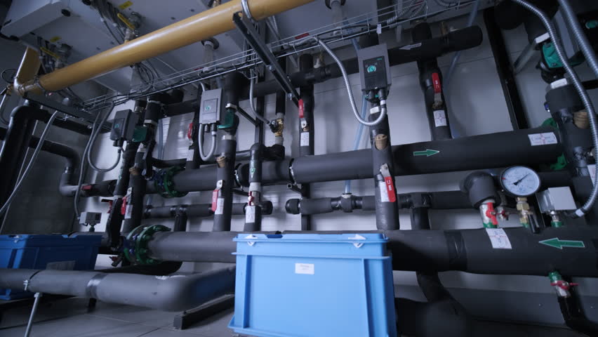 Modern industrial gas boiler room equipped for heating process. Heating gas boilers, pipelines, valves.