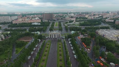 Aerial Panorama of VDNH Main Entrance and Cosmos Hotel in Moscow