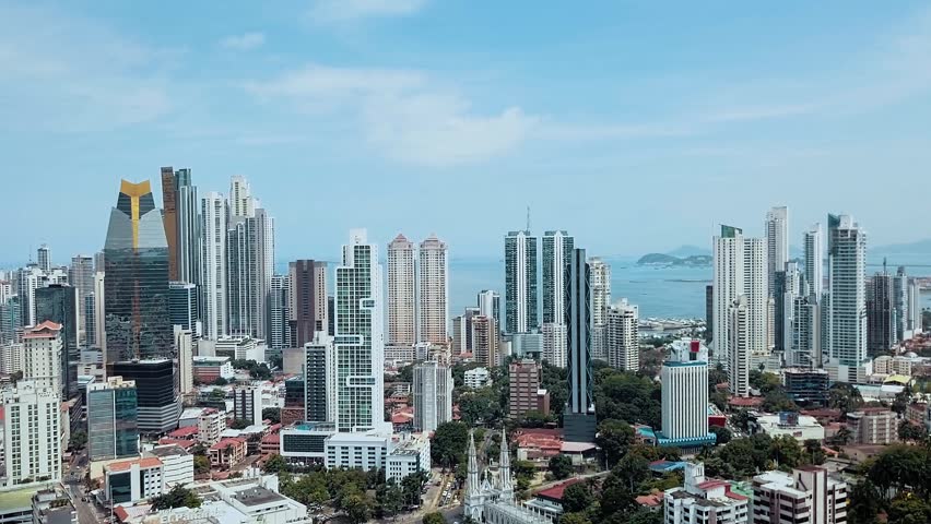 Aerial Drone View of Panama City Skycrapers. Panama´s Capital City, Tall Buildings Financial District in Seafront Royalty-Free Stock Footage #33854818