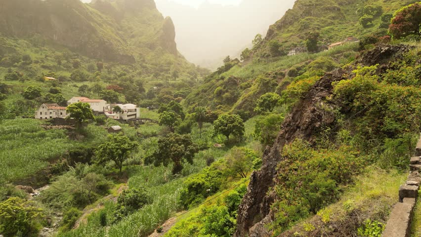 Aerial View Of Cova de Paul In Mist - Tourist Attraction In Cape Verde, Africa. Royalty-Free Stock Footage #3385737375