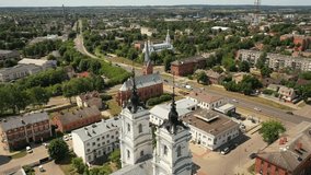 Aerial 4K video from drone to Daugavpils Orthodox Cathedral of the Holy Martyrs Boris and Gleb, Martin Luther Cathedral, Roman Catholic church of the Blessed Virgin Mary.Daugavpils, Latvia, Europe