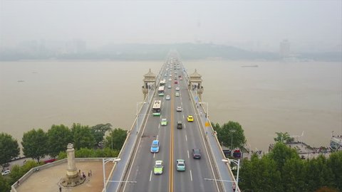 day time wuhan city famous traffic changjiang bridge aerial panorama 4k china