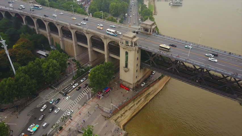 wuhan city famous traffic changjiang bridge bay aerial panorama 4k china