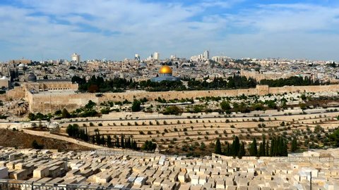 Panoramic view of Old City Jerusalem and the Dome of the Rock from the Mount of Olives cemetery