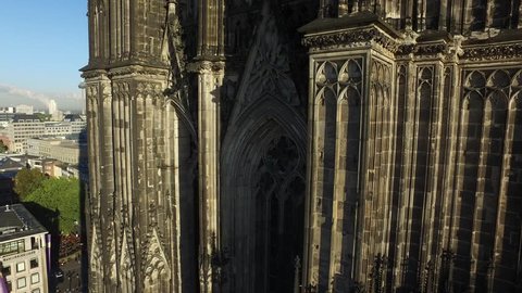 Aerial Drone moving to the top close detail shot at Cologne Cathedral in Germany 4k