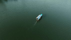 Aerial View of Boat Crossing on Beautiful Artificial Lake in Sermo Reservoir