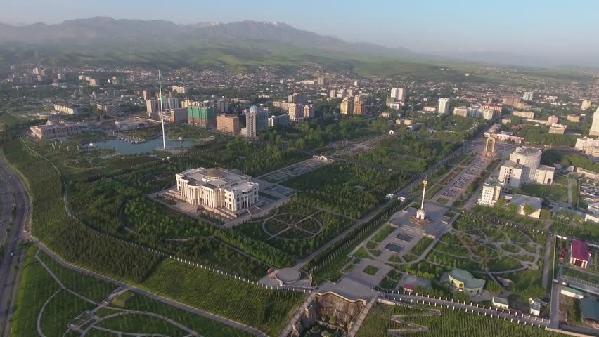 Aerial view of the Dushanbe city downtown and president residence building