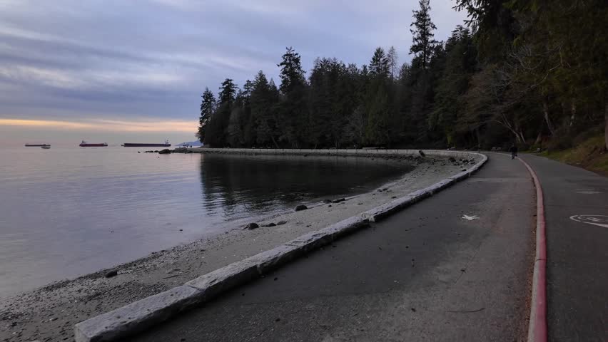 Scenic Seawall and Rocky Coast at Sunset. Fall Season. Trees. Stanley Park, Downtown Vancouver, British Columbia, Canada.