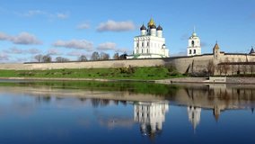 A sunny october day with a view on the Pskov Kremlin. Russia (timelapse) 