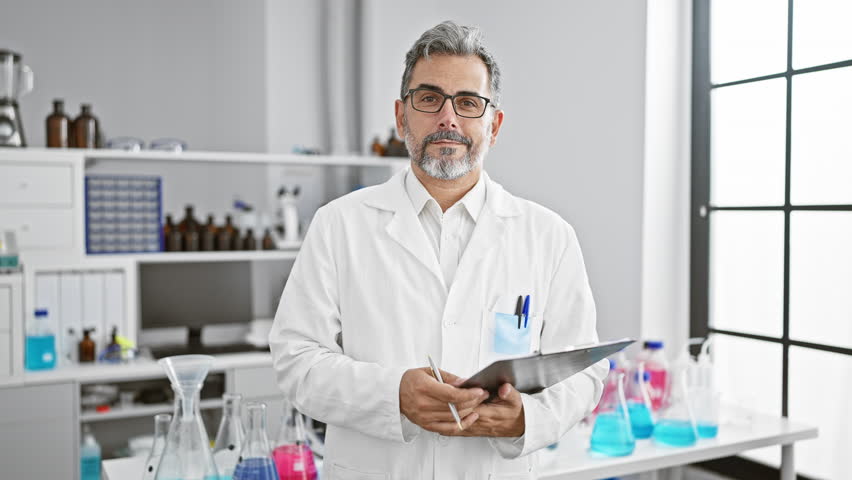 Young hispanic grey-haired man scientist smiling confident holding clipboard at laboratory