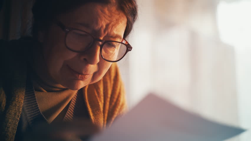 Lonely sad grandmother reading a letter with bad news and crying, financial debt