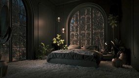 Bedroom and snow outside the window. Snow outside the window. Cozy bedroom with fluffy carpet - Powered by Shutterstock - Get 15% off with code: PIKWIZARD15