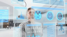 Modern Man Using Innovative Self Diagnostics Health Care Hologram Screen with Medical Information, Brain Scans, Test Analysis. Futuristic Doctor Activating Lab Result Data in Virtual Space. Action Arc - Powered by Shutterstock - Get 15% off with code: PIKWIZARD15