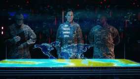 Futuristic High-Tech Warfare: Top Military Intelligence Specialists use Holographic Table Map to Scan Enemy Terrain. Advanced Army Recoinessance Using Sattelite Surveillance 3D Analysis Technology - Powered by Shutterstock - Get 15% off with code: PIKWIZARD15