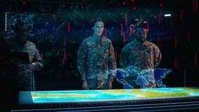 Futuristic High-Tech Warfare: Military Intelligence Specialists use Augmented Reality Table Map to Scan Enemy Base. Army Recoinessance Using Advanced Sattelite Surveillance Technology For War - Powered by Shutterstock - Get 15% off with code: PIKWIZARD15
