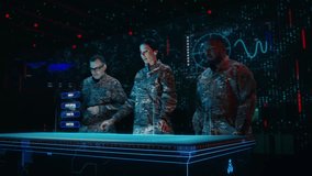 Futuristic Technology Warfare Strategy: Military Intelligence Experts use Holographic Augmented Reality Table for Launch AI Drone attack on the Enemy. Surveillance UAV High Tech Device - Powered by Shutterstock - Get 15% off with code: PIKWIZARD15