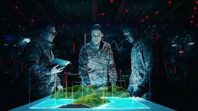 Futuristic Warfare Strategy: Military Intelligence Experts use Holographic Augmented Reality Table Map to Scan Enemy Terrain. Army Recoinessance Use 3D Surveillance Tech, Big Data Analysis to Win War - Powered by Shutterstock - Get 15% off with code: PIKWIZARD15