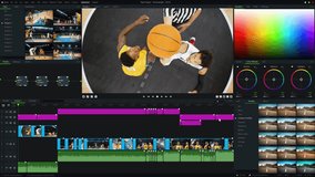 Video Editing and Color Grading Software Interface Featuring Basketball Championship Match Edit. Professional App Mock-up Screen Replacement Concept.