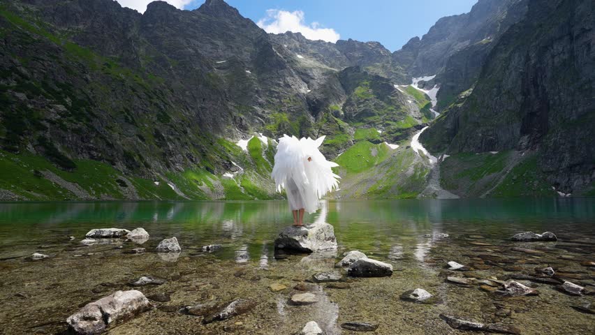 White angel with big wings on a beautiful mountain lake. A young long-haired girl in the image of an angel flaps her wings against a mountain lake and mountains. Tatra Mountains, Poland