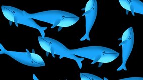 Rotating blue whales in looped motion on a black screen. Stock video of an ocean dweller in 4K. Animation with cartoon whales to add text.