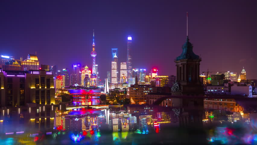 night time illuminated shanghai city downtown pudong rooftop reflection panorama 4k timelapse china