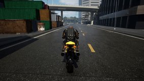 Racing against the drivers controlling quick motorbikes in the virtual simulator. Driver using a fast motorbike to overtake opponents in the digital race. Motorbike drivers racing on a street circuit.