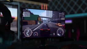 Playing with the high speed supercar in the city track computer simulator race. Player controlling the speedy car on the street circuit. Player winning the level in a speedy car. Victory.
