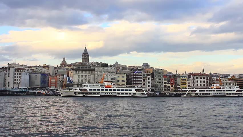 Karakoy ferry pier on sunset in Istanbul, Turkey
