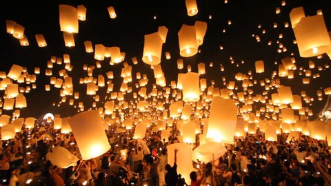 SANSAI, CHIANGMAI, THAILAND - NOV 24: Yee Peng Festival, Loy Krathong celebration with more than a thousand floating lanterns in Chiangmai, Thailand on November 24, 2012
