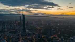 Aerial view time lapse 4k video of Kuala Lumpur city center view during dawn overlooking the city skyline in Federal Territory, Malaysia. Pan right