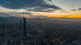 Aerial view time lapse 4k video of Kuala Lumpur city center view during dawn overlooking the city skyline in Federal Territory, Malaysia. Zoom in