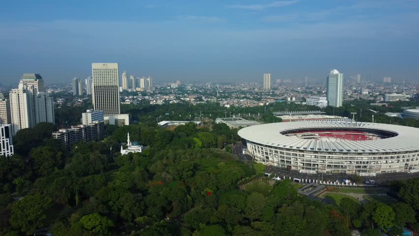 Aerial drone view of the Gelora Bung Karno football stadium in Senayan, Jakarta.