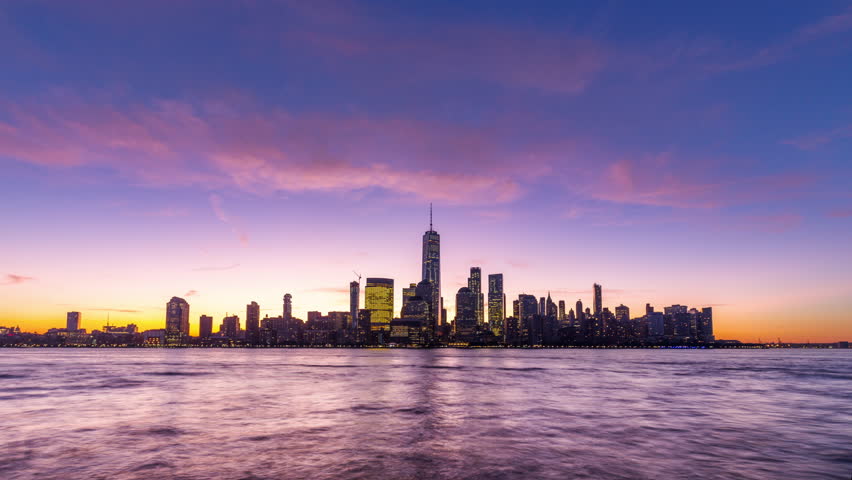 Timelapse of sunrise over lower Manhattan, New York City. USA, 2017 Royalty-Free Stock Footage #33892114