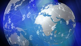 Breaking news worldwide finance market symbolizes global economy with fluctuating dollar, euro, pound, and yuan international news from earth's rotating globe - Powered by Shutterstock - Get 15% off with code: PIKWIZARD15