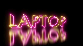 Neon-colored Laptop word text animation with a glowing neon-colored moving outline on a dark background in 4k. Technology video material animation. Easy to use.